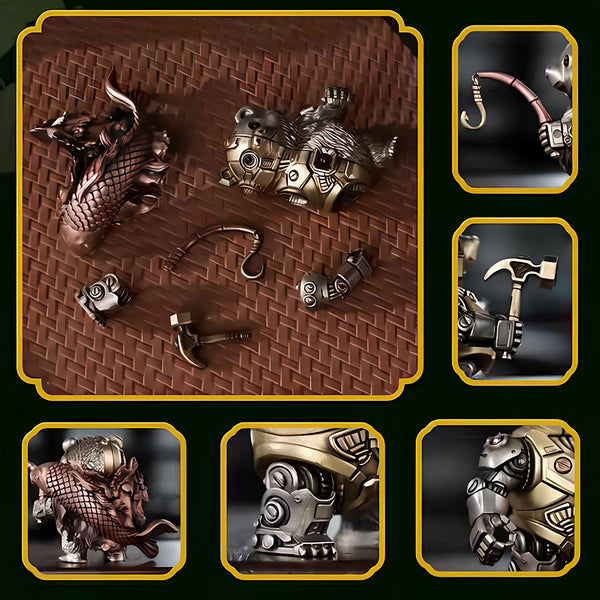 Exploded view and detail shots of a magnetic mechanical steampunk bear warrior metal model, showcasing modular parts of our 3D puzzle Metal Kits.