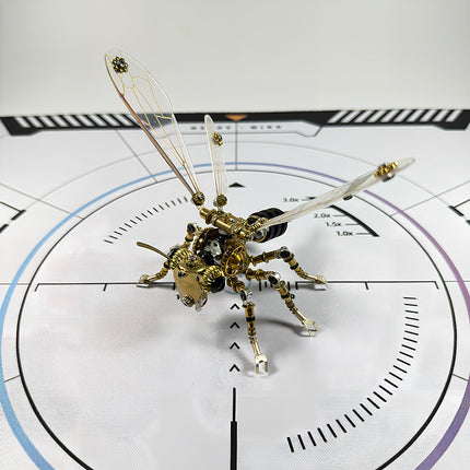 A collectible mechanical steampunk insect figurine featuring jointed metal legs, a challenging steampunk puzzle and metal model from TableFunny.
