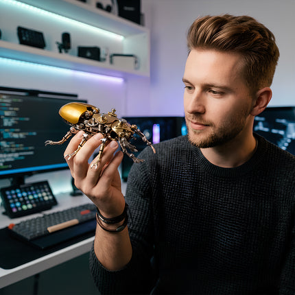Intricate 3D puzzle Metal Kits robotic beetle displayed by a user, a high-quality mechanical steampunk metal model from TableFunny.