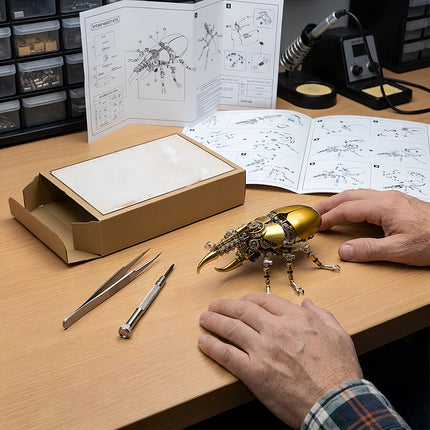 Intricate steampunk puzzle beetle kit including packaging and precision tools, a premium metal model project from TableFunny.