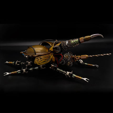 Intricate steam punk mech beetle statue with a weapon drill and sharp stinger, collectible metal model.