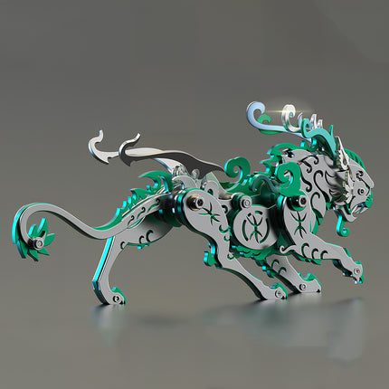 A green and silver mechanical steampunk Bi'an metal model shown from a rear side view on a dark grey reflective background, a 3D puzzle collectible from tablefunny.com.