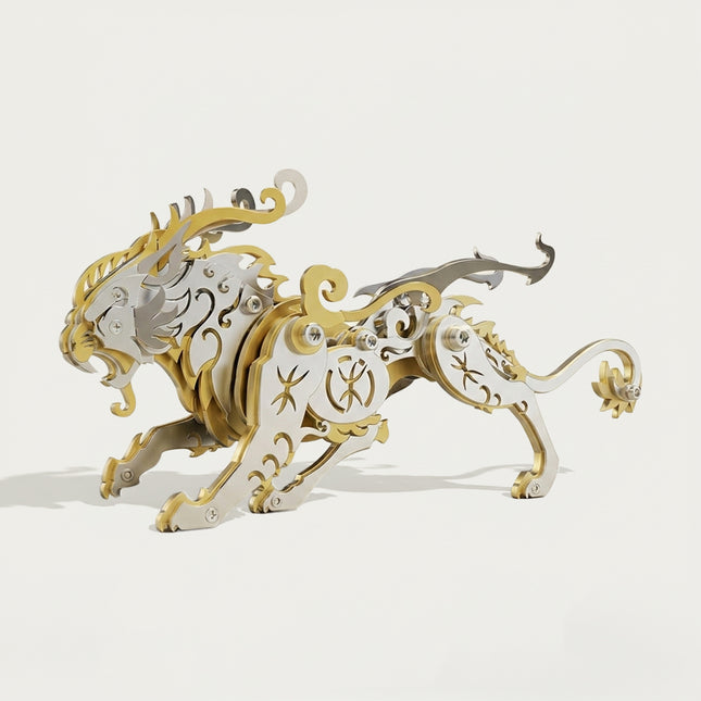 A gold and silver mechanical steampunk Bi'an metal model from a 3D puzzle kit, representing the mythical Chinese dragon son in a side view on a white background, from tablefunny.com.