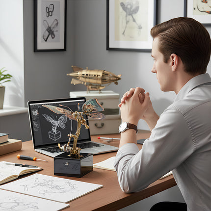 Intricate steampunk puzzle butterfly and airship displayed in a modern office, a high-quality mechanical steampunk metal model gift.