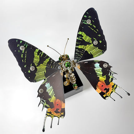 Top view of the vibrant assembled steampunk mechanical butterfly 3D puzzle from tablefunny.