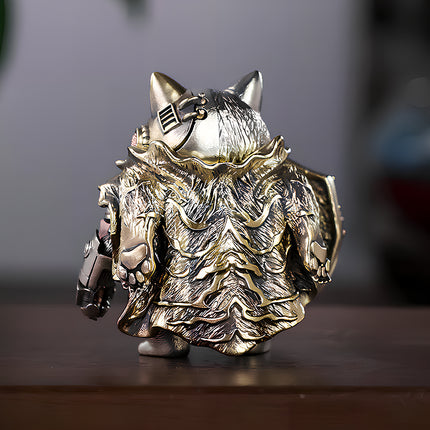 Detailed rear view of a mechanical steampunk cat warrior with an intricately textured brass cloak, a premium metal model.