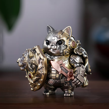 A mechanical steampunk cat warrior holding a beast shield and sword, an exquisite metal model for desktop collectors.