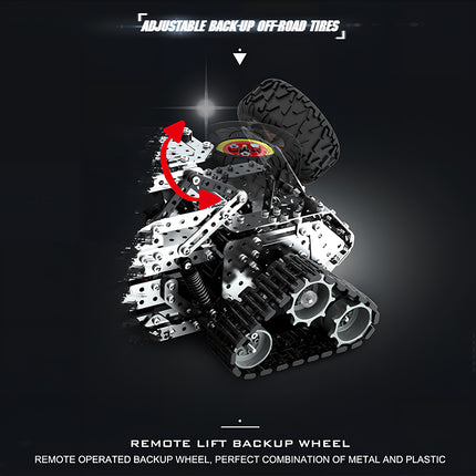Adjustable back-up off-road tires and remote lift backup wheel feature of the Tablefunny mechanical steampunk crawler bigfoot for 3D puzzle Metal Kits fans.