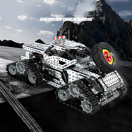 High-powered crawler climbing scenario of the Tablefunny mechanical steampunk crawler bigfoot, highlighting off-road capability for 3D puzzle Metal Kits fans.