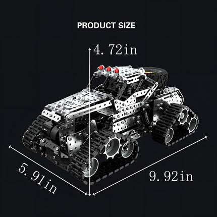 Product size and dimension specifications (9.92in x 5.91in x 4.72in) of the Tablefunny mechanical steampunk crawler bigfoot for 3D puzzle Metal Kits.