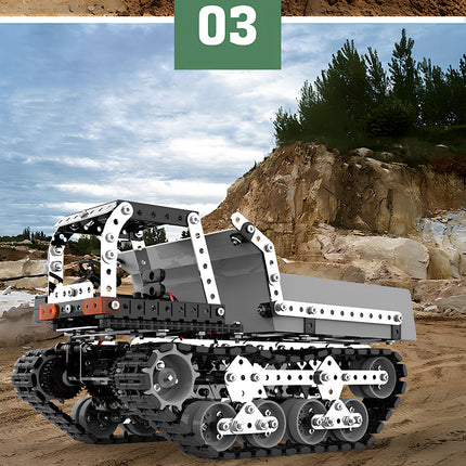 Outdoor scene of the Tablefunny mechanical steampunk crawler dump truck, an immersive 3D puzzle Metal Kits model for hobbyists.