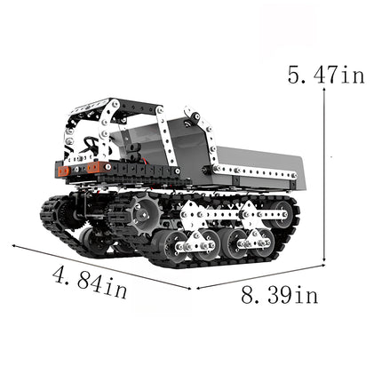 Dimensions and size specifications (8.39in x 4.84in x 5.47in) of the Tablefunny mechanical steampunk dump truck model for 3D puzzle Metal Kits fans.