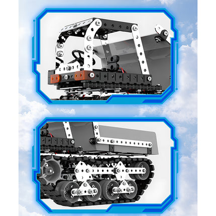 Close-up details of the cabin and tracks on the Tablefunny mechanical steampunk dump truck, showcasing precision parts for 3D puzzle Metal Kits.