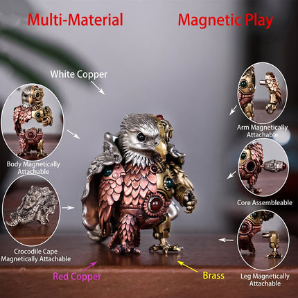 Infographic of a mechanical steampunk eagle metal model made of brass, red copper, and white copper, highlighting magnetic play with detachable components.