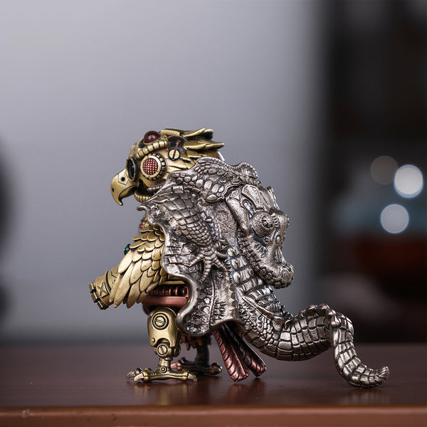 Detailed back-side view of a mechanical steampunk eagle warrior featuring an ornate silver crocodile-themed cloak and tail metal model.