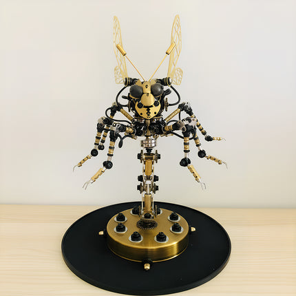 Front view of mechanical steampunk hornet on a display base, 3D puzzle metal kits by TableFunny.