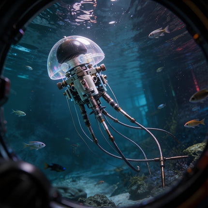 An intricate mechanical steampunk jellyfish underwater, showcasing a creative steam punk mech design as a collectible metal model.