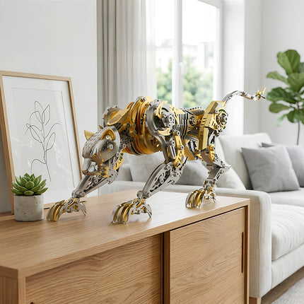 A finished golden and silver mechanical leopard metal model on a wooden sideboard, featuring an intricate steampunk puzzle design and 3D puzzle Metal Kit for modern home decoration.
