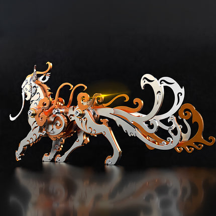 Left side view of mechanical steampunk Luwu tiger god, a premium metal model desktop ornament.