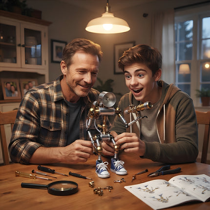 Lifestyle product photography of a mechanical steampunk mech robot kit being built by a family with tools and instruction manuals on the table.