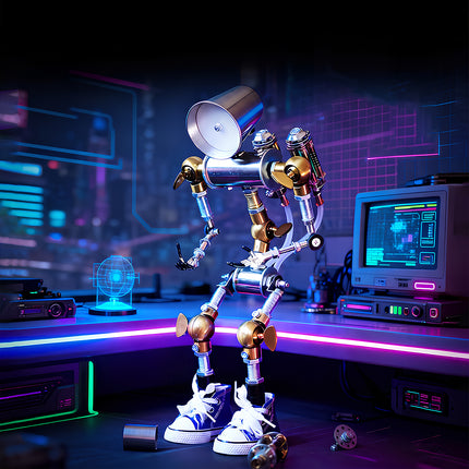 Futuristic promotional photo of a mechanical steampunk mech robot kit displayed in a neon-lit cyberpunk gaming room environment.