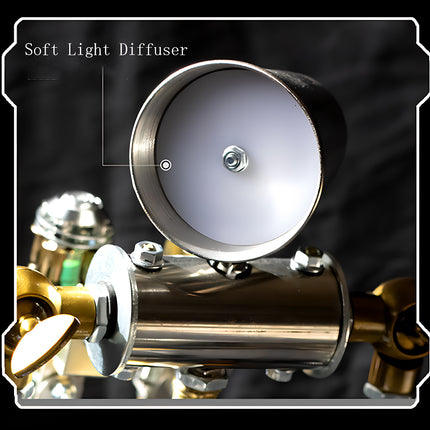 Feature callout banner of a mechanical steampunk mech robot kit showing the integrated soft light diffuser and metallic head design.