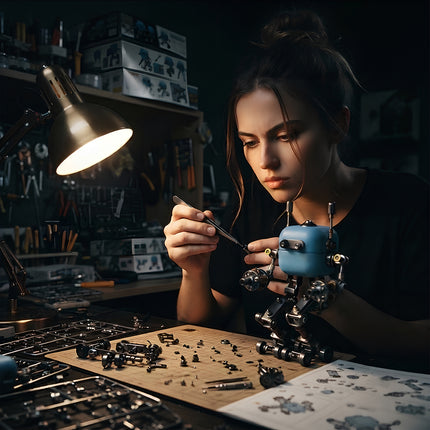Immersive crafting photo of a mechanical steampunk mech robot kit being assembled by hand with tools on a workshop desk.