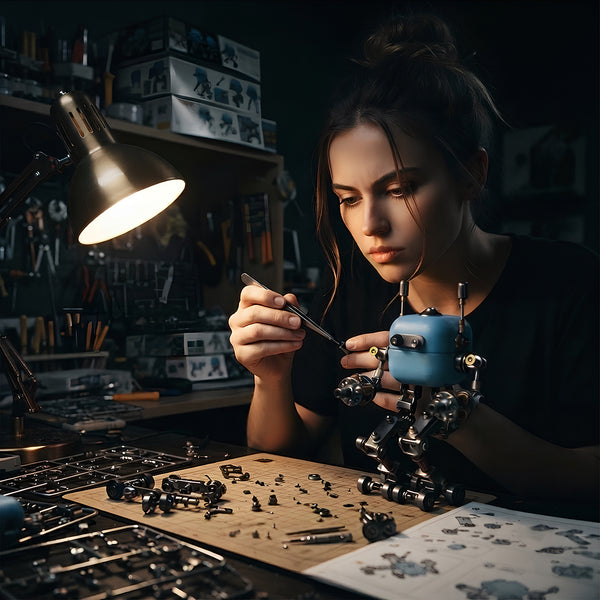 Immersive crafting photo of a mechanical steampunk mech robot kit being assembled by hand with tools on a workshop desk.