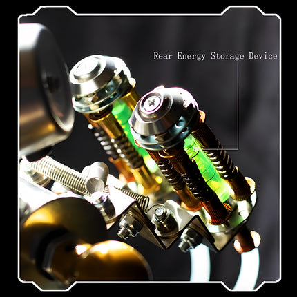 Feature callout banner of a mechanical steampunk mech robot kit showing intricate springs and the rear energy storage device.