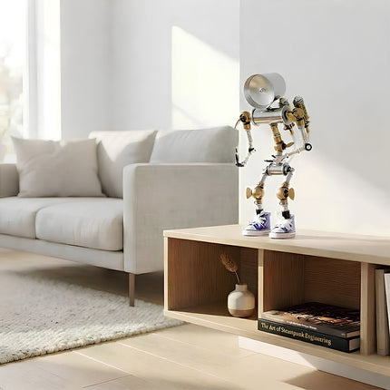 Interior home decor lifestyle shot of a mechanical steampunk mech robot kit placed neatly in a bright, minimalist living room.