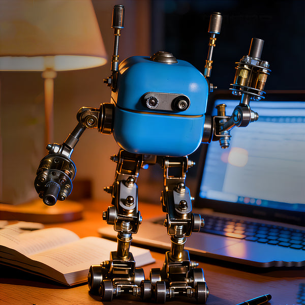 Cozy workspace promotional photo of a mechanical steampunk mech robot kit displayed next to a laptop and an open book.