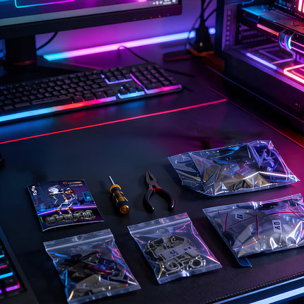 Flat lay promotional photo of a mechanical steampunk mech robot kit with tools and component bags on a gaming desk.
