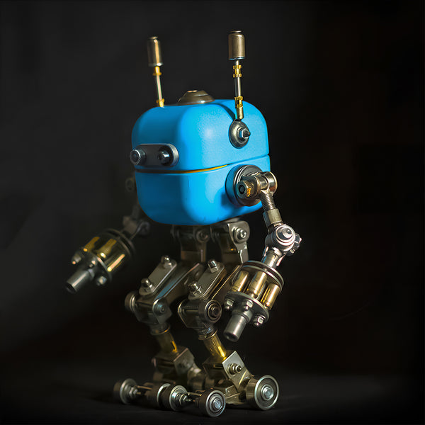 Cinematic studio product shot of a mechanical steampunk mech robot kit isolated against a dramatic black background.