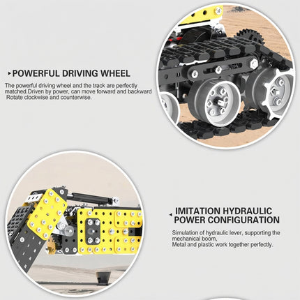 Engineering feature callout banner of a mechanical steampunk mech robot kit showing tracked driving wheels and simulation hydraulic power arms.
