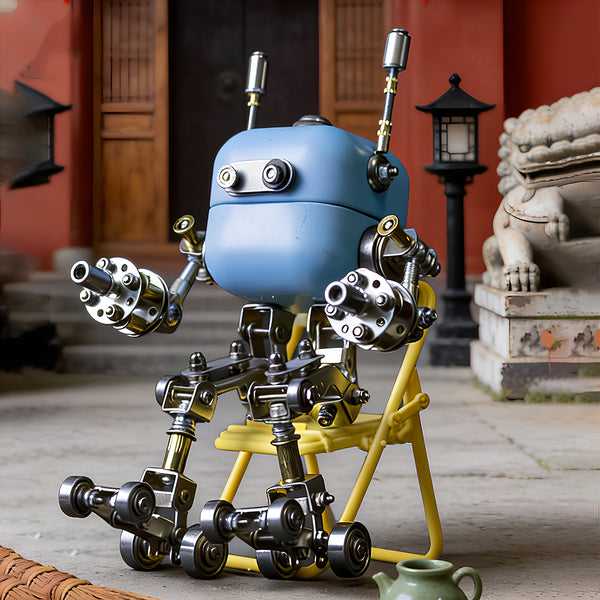 Creative promotional photo of a mechanical steampunk mech robot kit placed in front of a classical Chinese red wall and stone lion.
