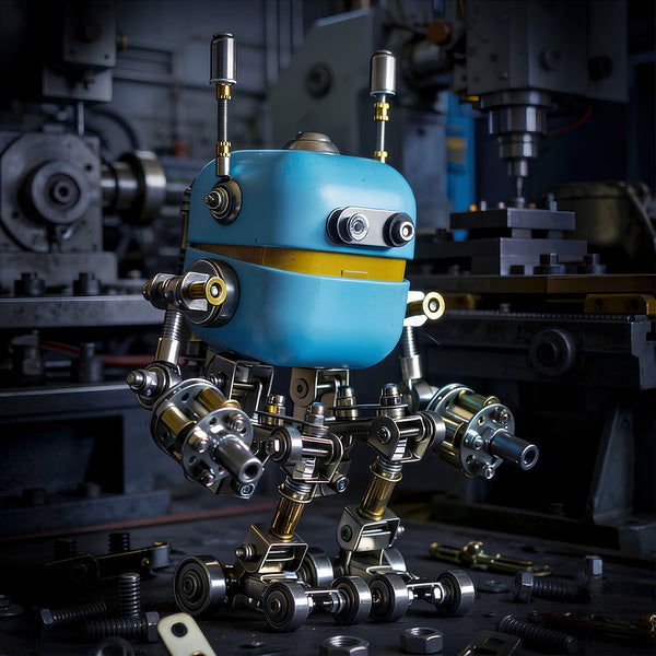 Cinematic product poster of a mechanical steampunk mech robot kit highlighting intricate metal joints and industrial workshop background.