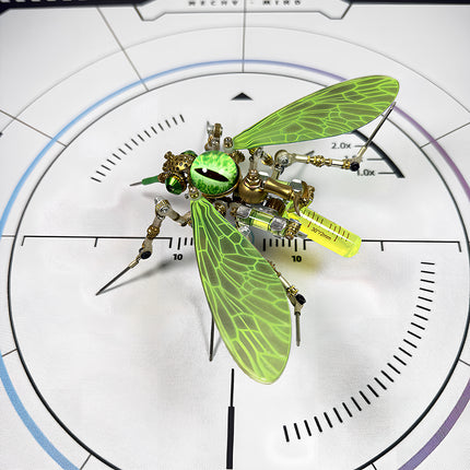 Intricate steampunk puzzle mosquito on a technical calibration mat, showcasing the superior craftsmanship of this mechanical steampunk metal model.