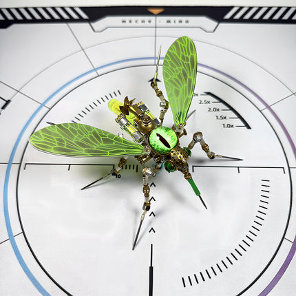 Challenging DIY steampunk puzzle of a robotic bug on a technical grid, showcasing the precision of our mechanical steampunk metal model collection.
