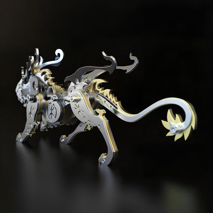A detailed mechanical steampunk mech mythical beast metal model by TableFunny, designed as an intricate 3D puzzle metal kit for desktop decor