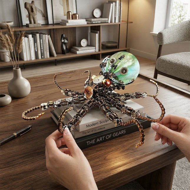 Challenging DIY 3D puzzle Metal Kit of an octopus lamp, a highly detailed metal model from the TableFunny mechanical steampunk collection.