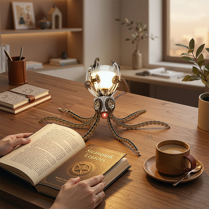 Creative steampunk puzzle octopus lamp with functional lighting, a highly detailed mechanical steampunk metal model gift.