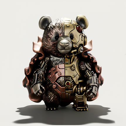 Magnetic mechanical steampunk panda ornament with a cape, a unique steam punk mech collectible and metal model for desktop decor.