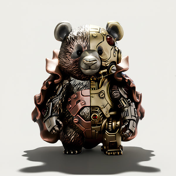 Magnetic mechanical steampunk panda ornament with a cape, a unique steam punk mech collectible and metal model for desktop decor.