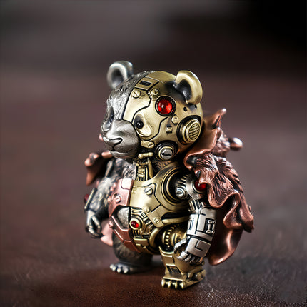Close-up of a mechanical steampunk panda with a red gem eye and intricate armor, a high-quality metal model for collectors.