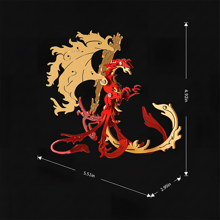 Product dimensions diagram of a red and gold mechanical steampunk phoenix metal model, showing length 5.51 inches, width 2.95 inches, and height 4.92 inches.