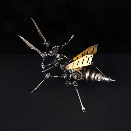 Intricate steam punk mech praying mantis statue with brass wings and gears, premium metal model.