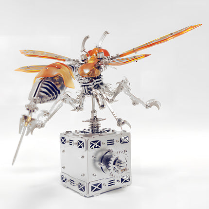 Mechanical steampunk puzzle depicting a fierce orange amber wasp insect with extended legs for tablefunny display.