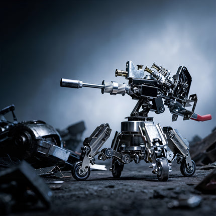 Apocalyptic wasteland showcase of a mechanical steampunk puzzle gun turret kit built with intricate metal components.