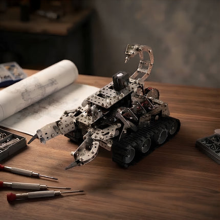 DIY assembly process of a mechanical steampunk puzzle scorpion model on a wooden workbench with screwdrivers and parts.