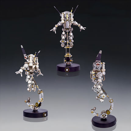 Comprehensive multi-angle view of a mechanical steampunk puzzle astronaut figure highlighting intricate gear assemblies and floating design.